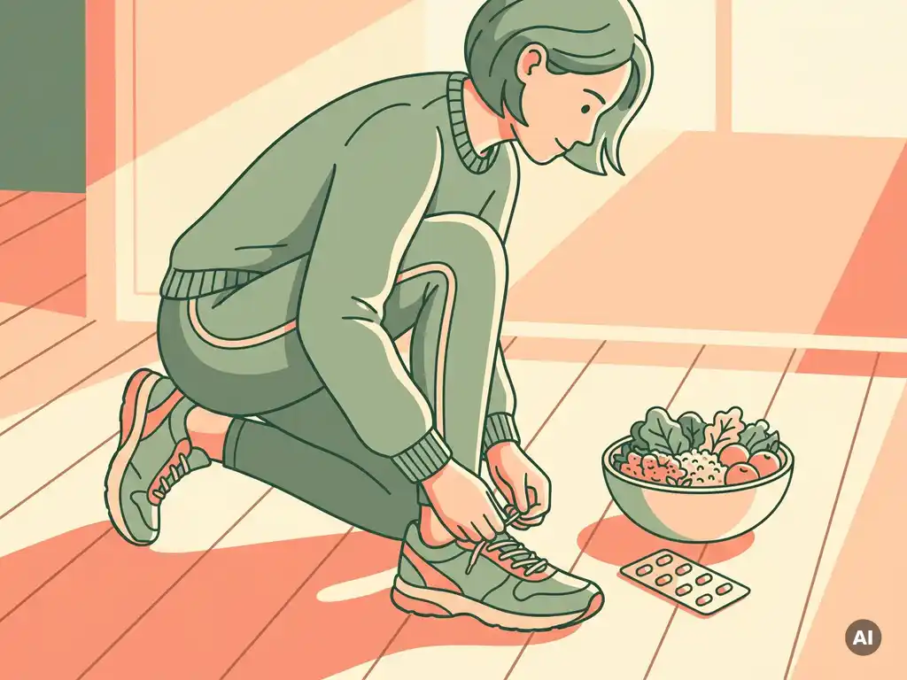 Persoon die hardloopschoenen strikt op houten vloer, met gezonde maaltijd en medicatie op de achtergrond.