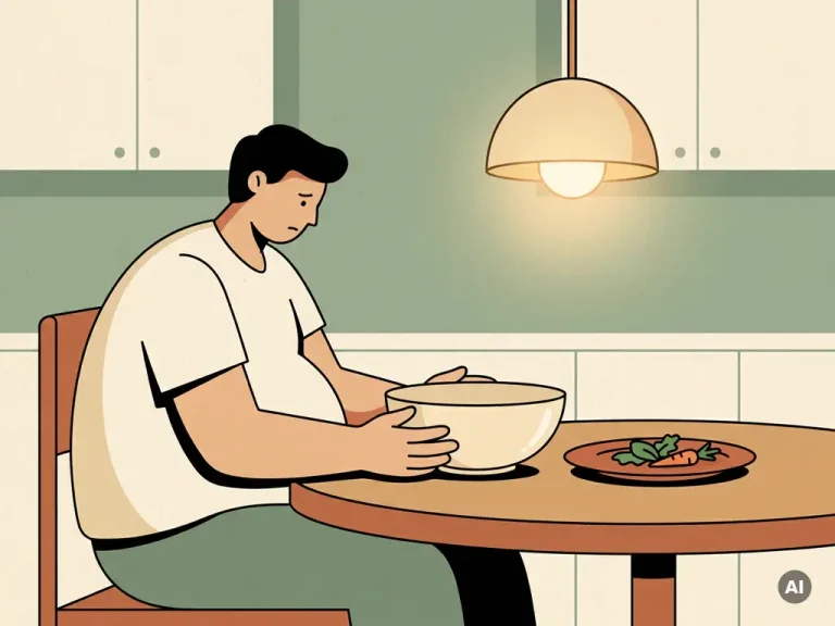 Persoon aan keukentafel met lege kom, hongerig gebaar, klein gezond maaltje op tafel, warme salie- en crèmetinten.