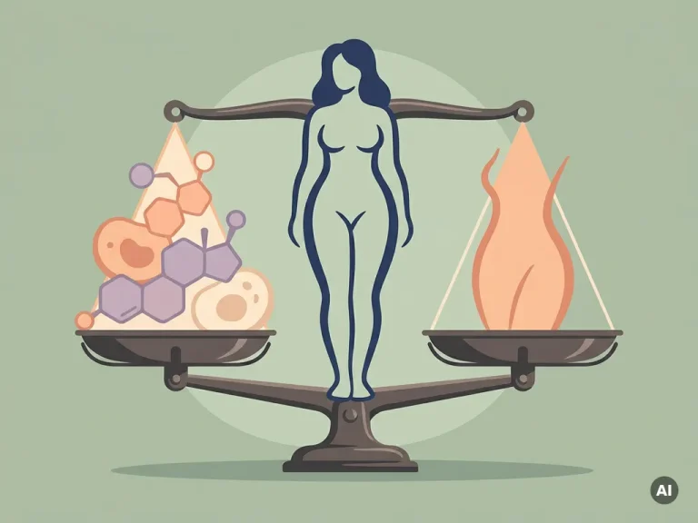 Vrouwelijk silhouet op weegschaal met hormoonmoleculen en lichaamsvormen in balans, salie groene achtergrond, vector illustratie.