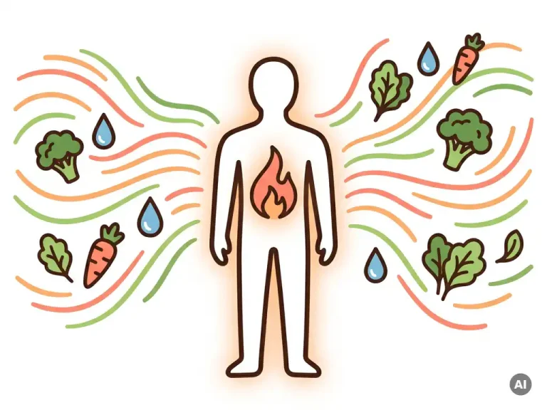 Menselijk silhouet met gloeiende vlam die metabolisme symboliseert, omringd door energiegolven, groenten en waterdruppels.
