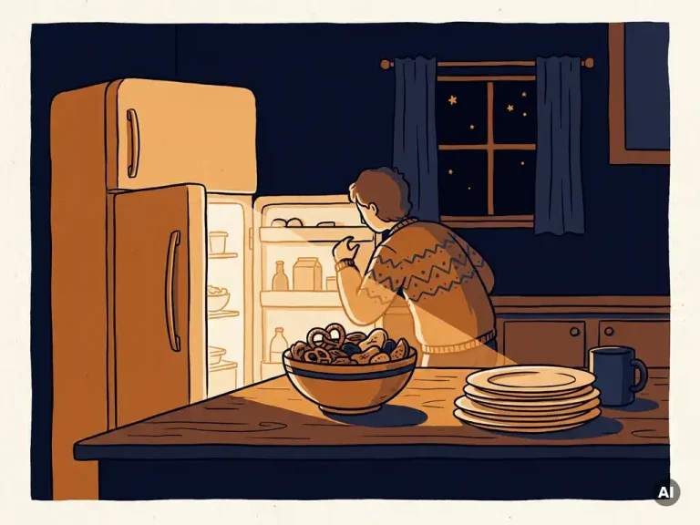 Gezellige nachtelijke keuken met open koelkast die gouden licht verspreidt, kom snacks op het aanrecht, warme amber en marineblauw tinten.