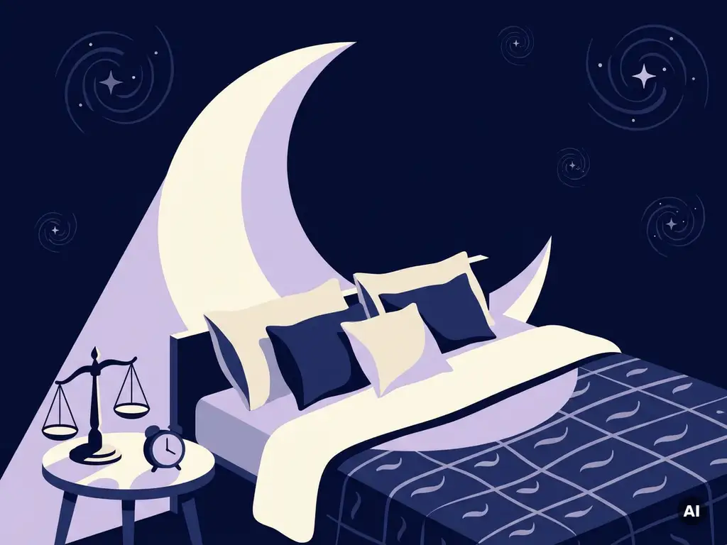Nette slaapkamer in maanlicht met wekker en weegschaal op nachtkastje, vlakke vectorillustratie in marineblauw en lavendel.
