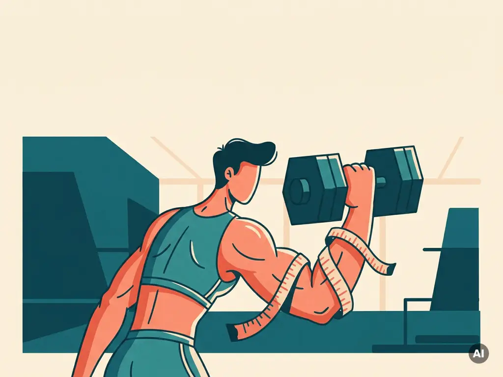 Atletische figuur tilt dumbbell terwijl meetlint om sterke onderarm is gewikkeld, vlakke illustratie in teal, koraal en crème.