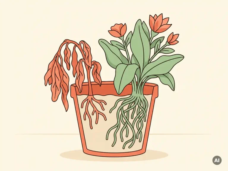 Verwelkte plant naast een bloeiende plant in dezelfde terracotta pot, met ondiepe en diepe wortels zichtbaar in vectorillustratiestijl.