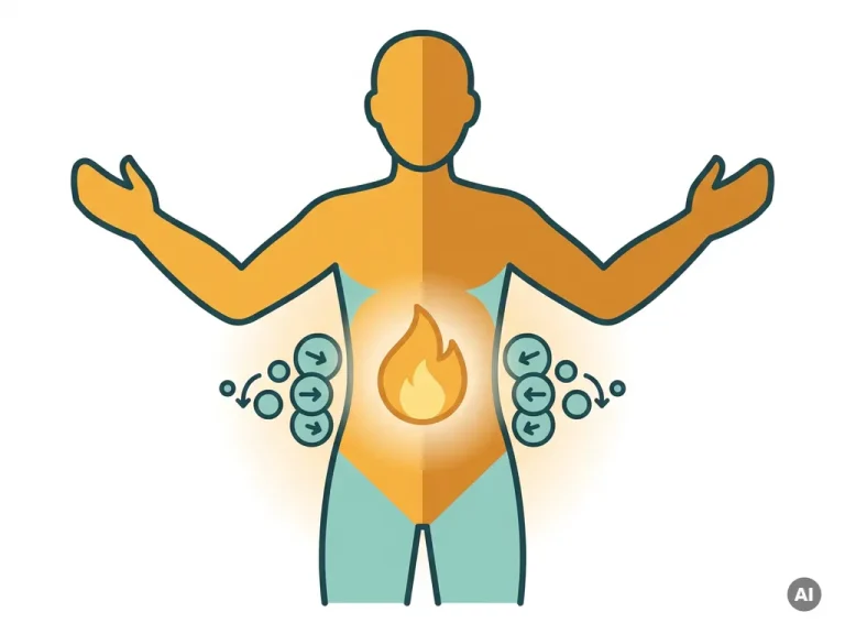 Menselijk silhouet in transformatie met krimpende vetcellen rond de taille en een gloeiende metabolismevlam, in amber en blauwgroen.