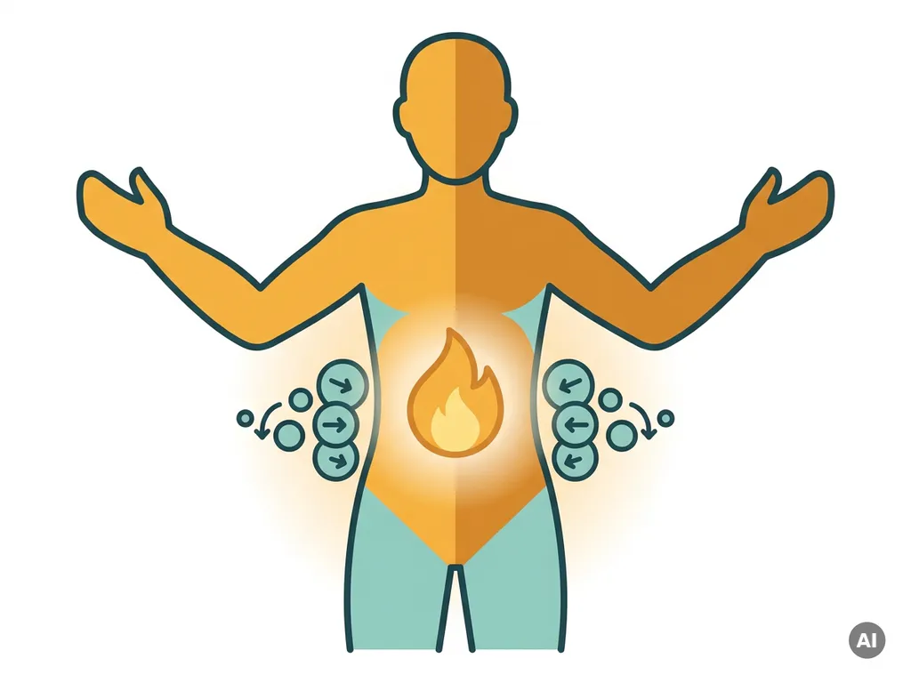 Menselijk silhouet in transformatie met krimpende vetcellen rond de taille en een gloeiende metabolismevlam, in amber en blauwgroen.