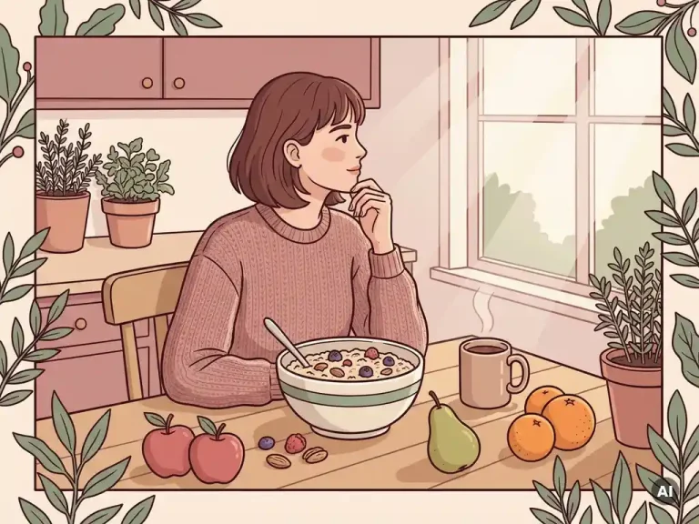 Vrouw aan keukentafel met gezonde maaltijd, vers fruit en kruidenthee in zachte ochtendverlichting.