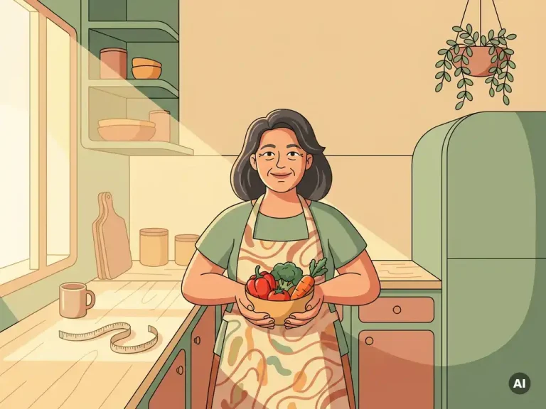 Vrouw van in de vijftig in een lichte keuken met een kom verse groenten, meetlint op het aanrecht, stijlvolle illustratie in salie groen en terracotta.