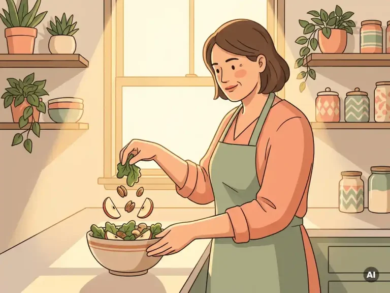 Vrouw van middelbare leeftijd bereidt gezonde maaltijd met bladgroenten, noten en fruit in zonnige keuken.