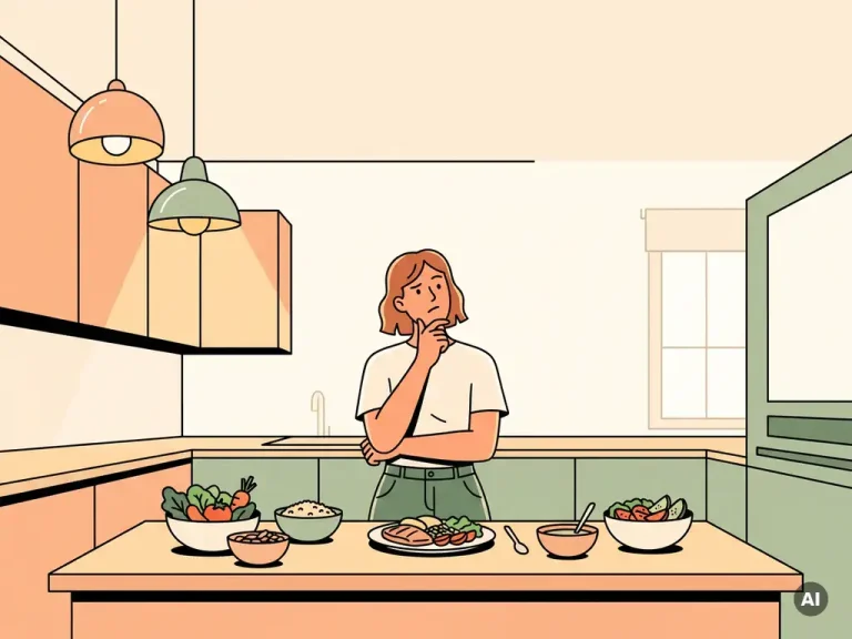 Vrouw in moderne keuken kijkt verward naar gezonde groenten en een uitgebalanceerde maaltijd op het aanrecht.