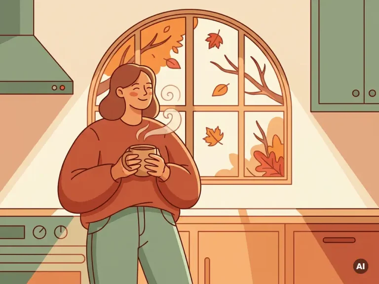 Vrouw van middelbare leeftijd met kopje thee in zonnige keuken, herfstbladeren zichtbaar door raam, rustige zelfverzekerde uitstraling.