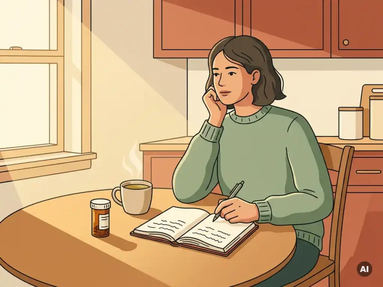 Vrouw aan keukentafel met medicijnflesje, kruidenthee en open notitieboek in zacht ochtendlicht.