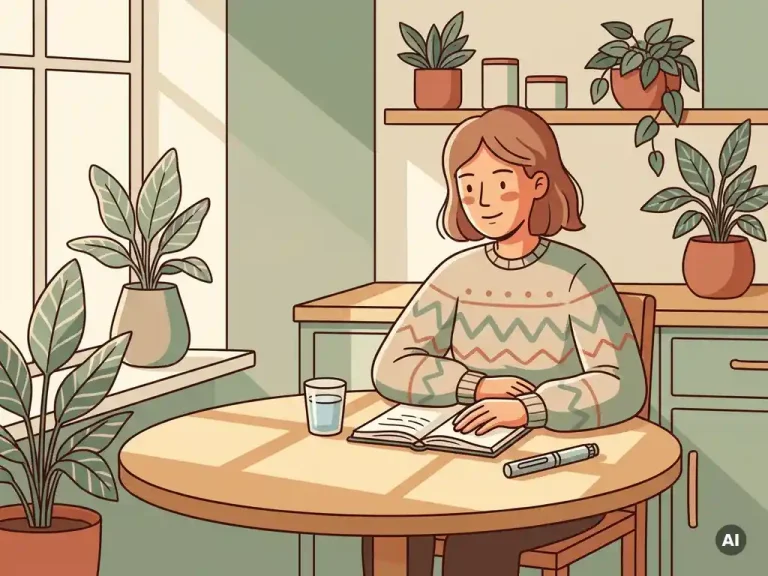 Vrouw van middelbare leeftijd aan zonnige keukentafel met medicijnpen, glas water en dagboek, omringd door botanische elementen.